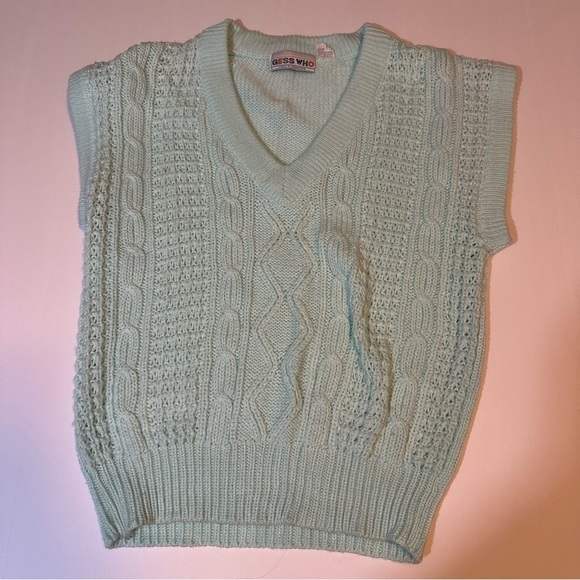 Vintage 80s Gess Who Cable Knit Sweater Vest Light Blue - Picture 1 of 6